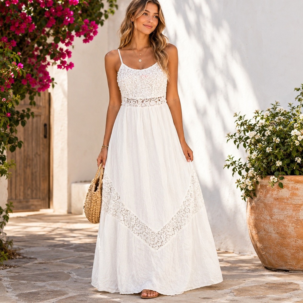 Lulumari White Lace Boho Maxi Dress Small Adjustable Straps Bridal Festival